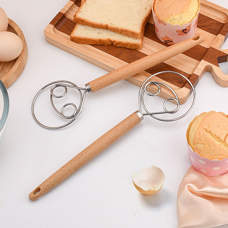 Danish Pancake Pan - ที่ตีแป้งสแตนเลสแบบเดนมาร์กพร้อมด้ามจับลายไม้ที่ออกแบบตามหลักสรีรศาสตร์ เครื่องผสมแป้งแบบมือสำหรับทำขนมปัง ขนมอบ พิซซ่า อุปกรณ์ทำเบเกอรี่